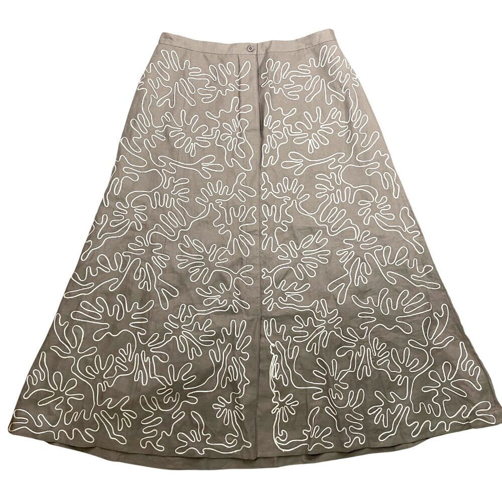 Lafayette 148 New York A-Line Linen Midi Skirt Size 8 Gray Embroidered piping
